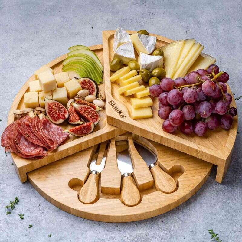 Large Round Cheese Board and Knife Set - Charcuterie Board, Bamboo Cheese Board Set, Cheese Platter Board, Cheese Tray Set, Cheese Cutting Board Set