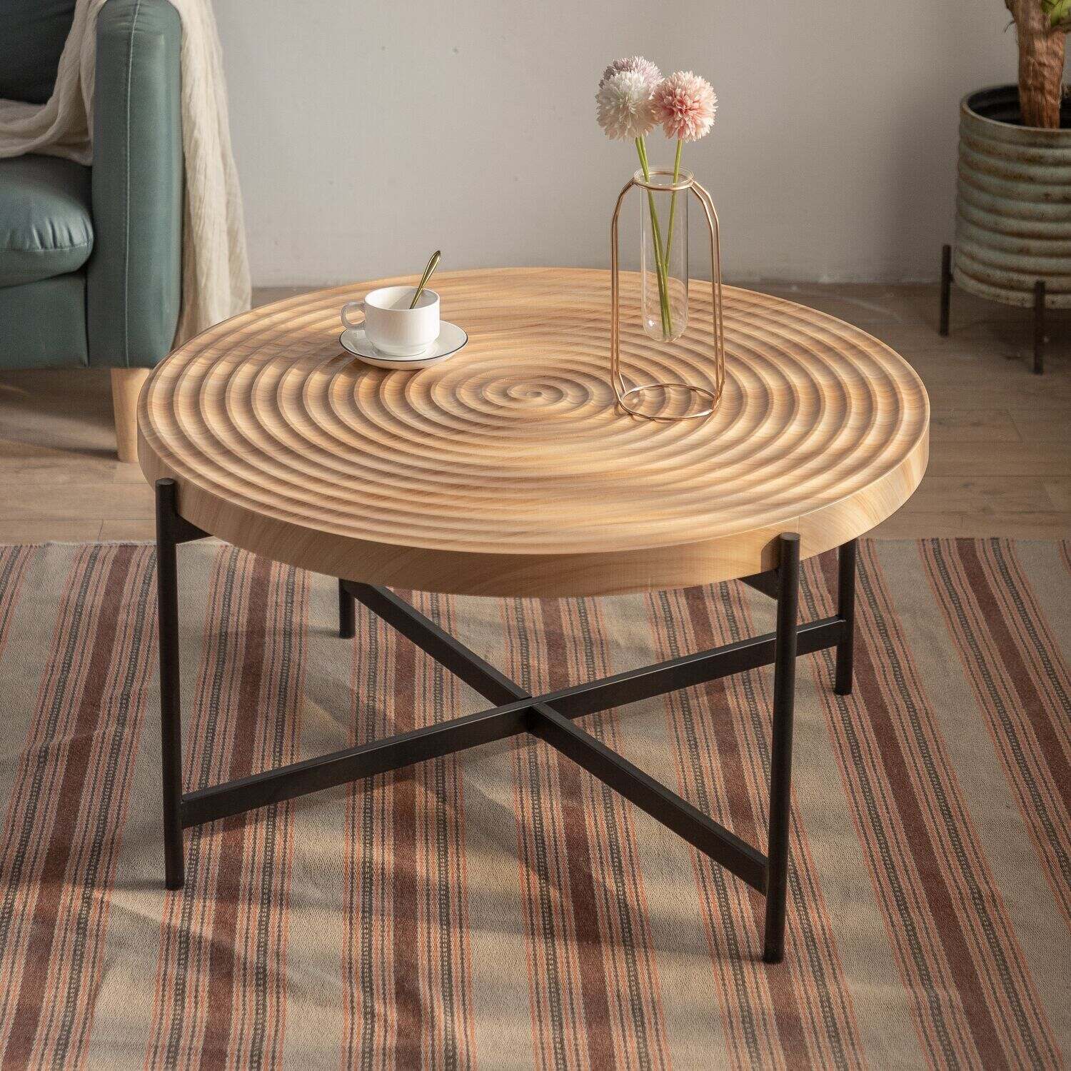 Modern Thread Design Round Coffee Table MDF Table Top with Cross