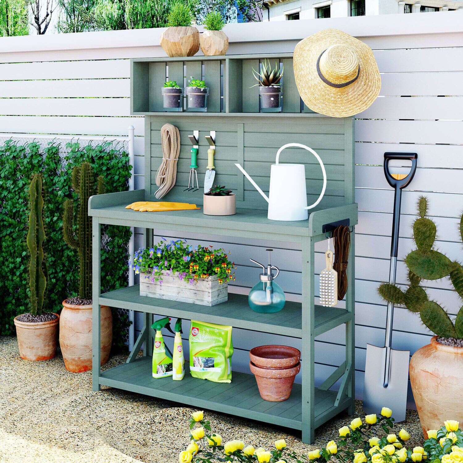 65 Large Wooden Farmhouse Rustic Outdoor Potting Bench Table Patio Workstation Garden Potting Bench with 4
