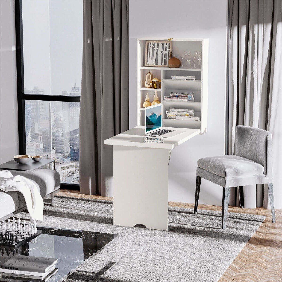 Space Saving Workstation White Wall Mounted Convertible Desk with Storage