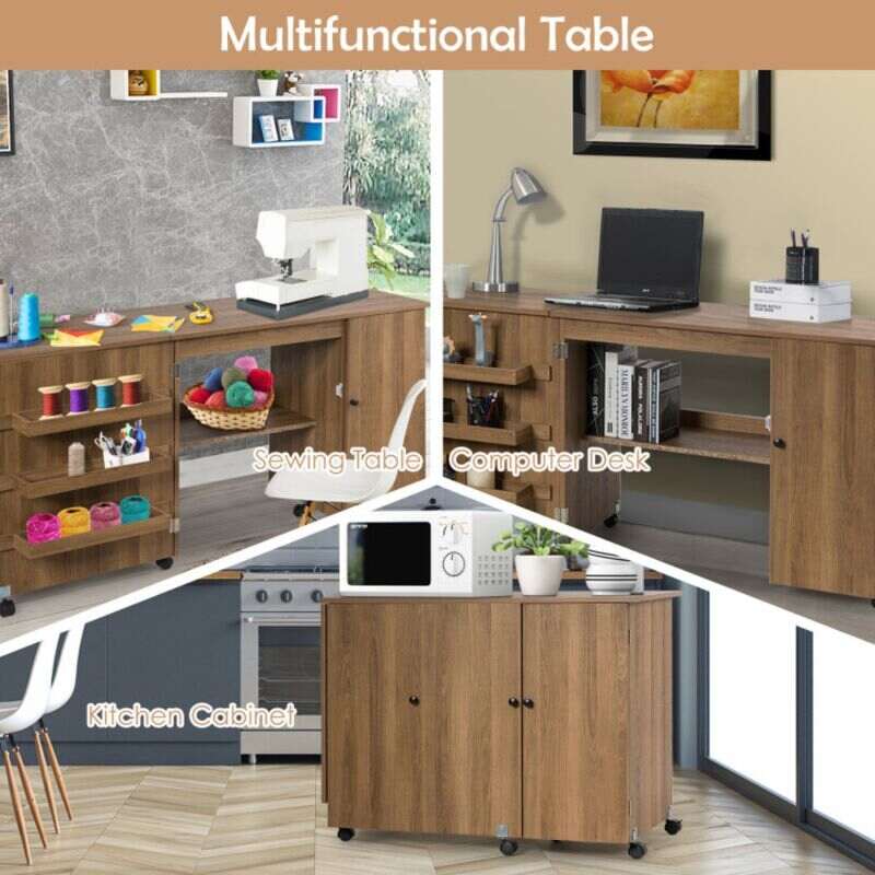 Gymax Folding Sewing Craft Table Shelf Storage Cabinet Home Furniture  W/Wheels Brown 