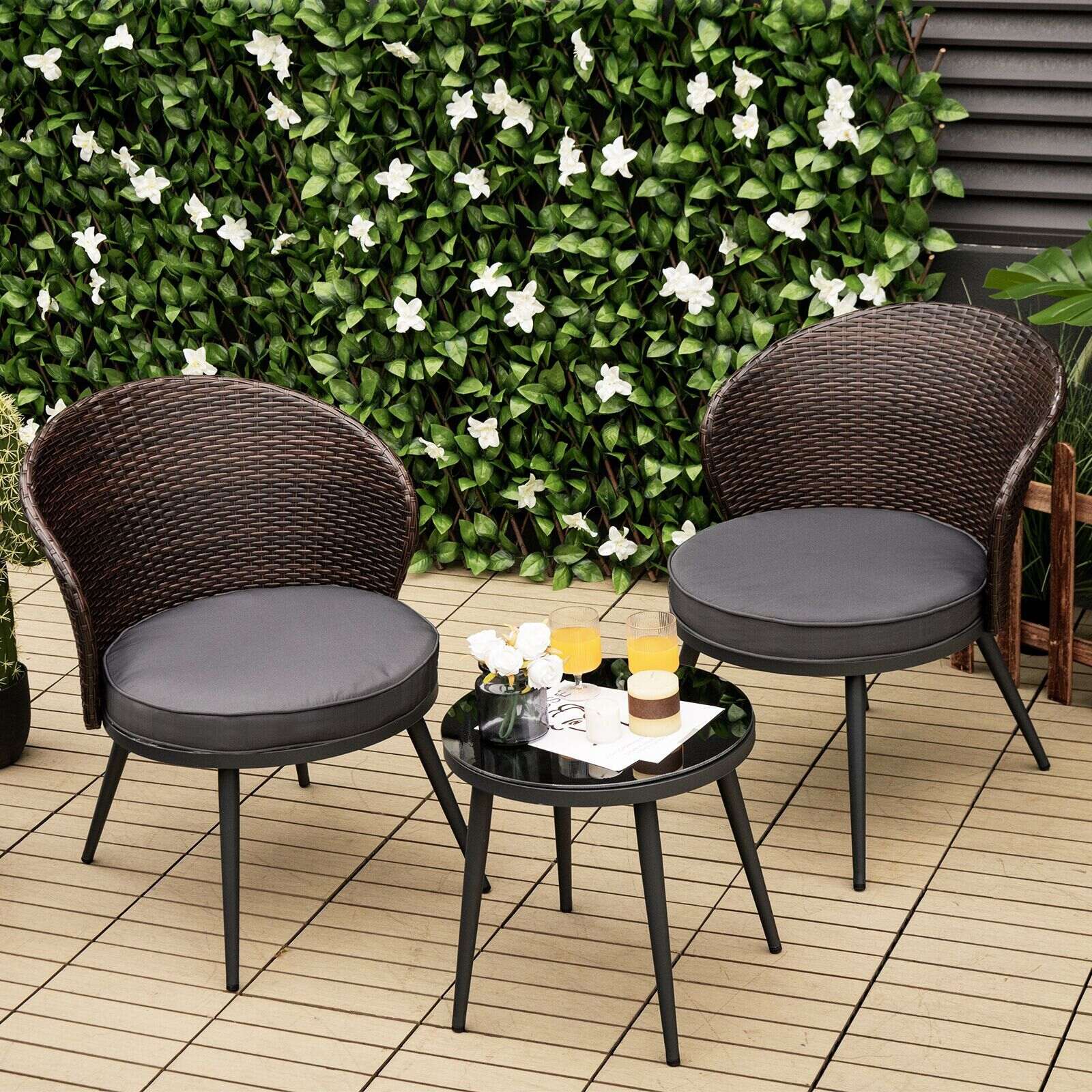 Slickblue 3 Pieces Patio Rattan Bistro Set with 2 Seat Cushions and Tempered Glass Tabletop Brown Mathis Home