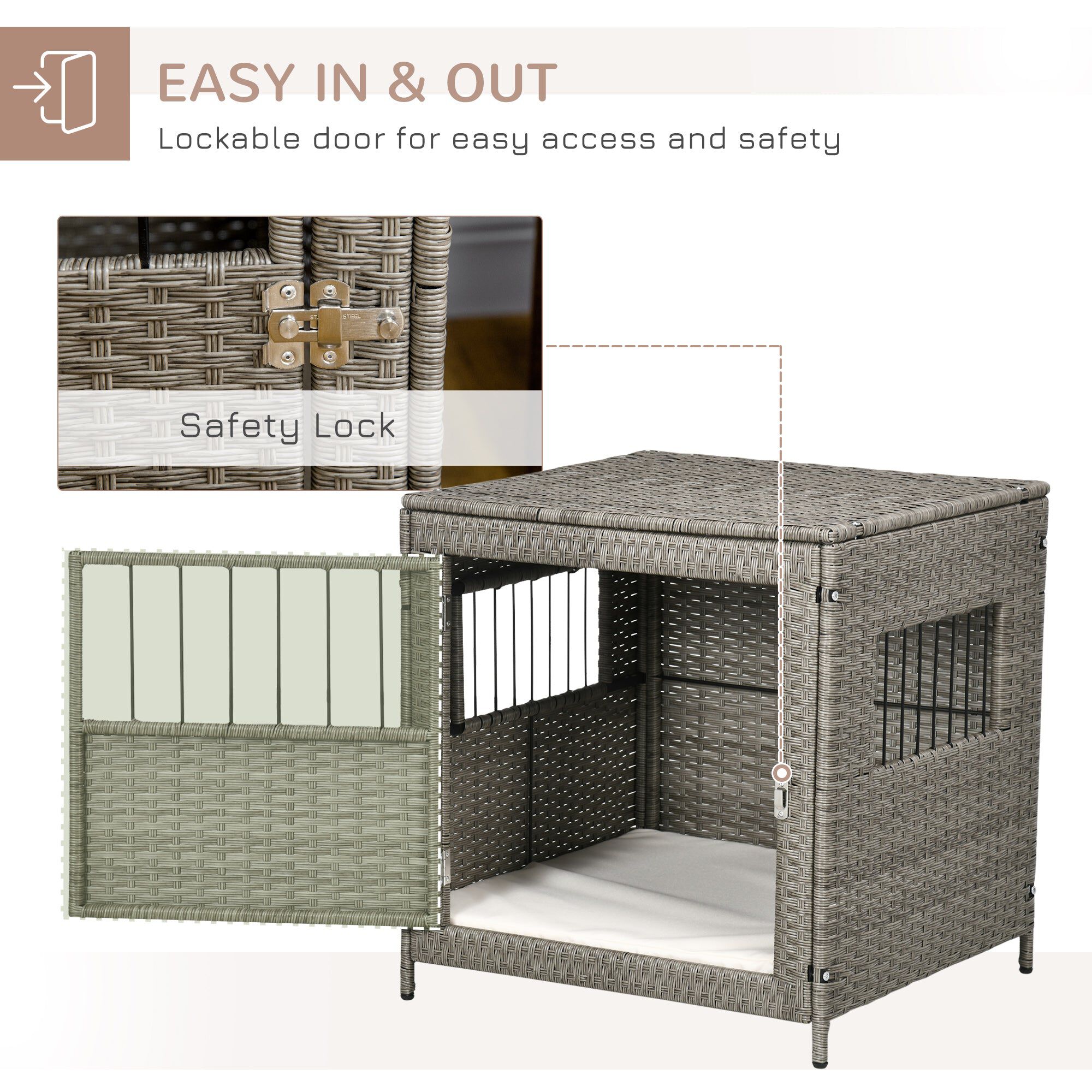 Rattan Dog Crate Wicker Dog Cage with Lockable Door and Soft