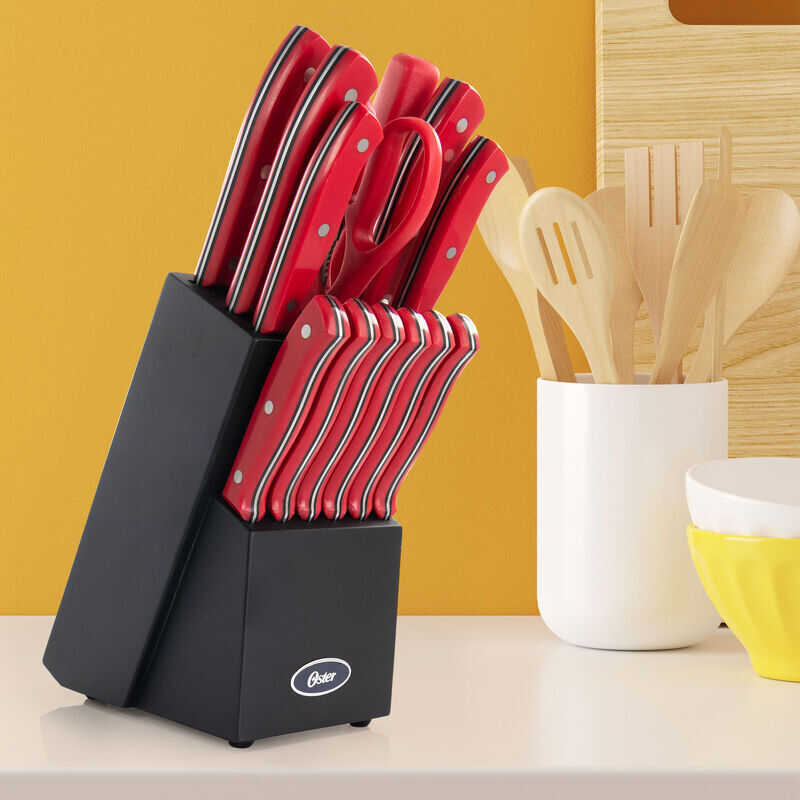 Oster Steffen 14 Piece Stainless Steel Cutlery Set in Red with Hardwood  Storage Block