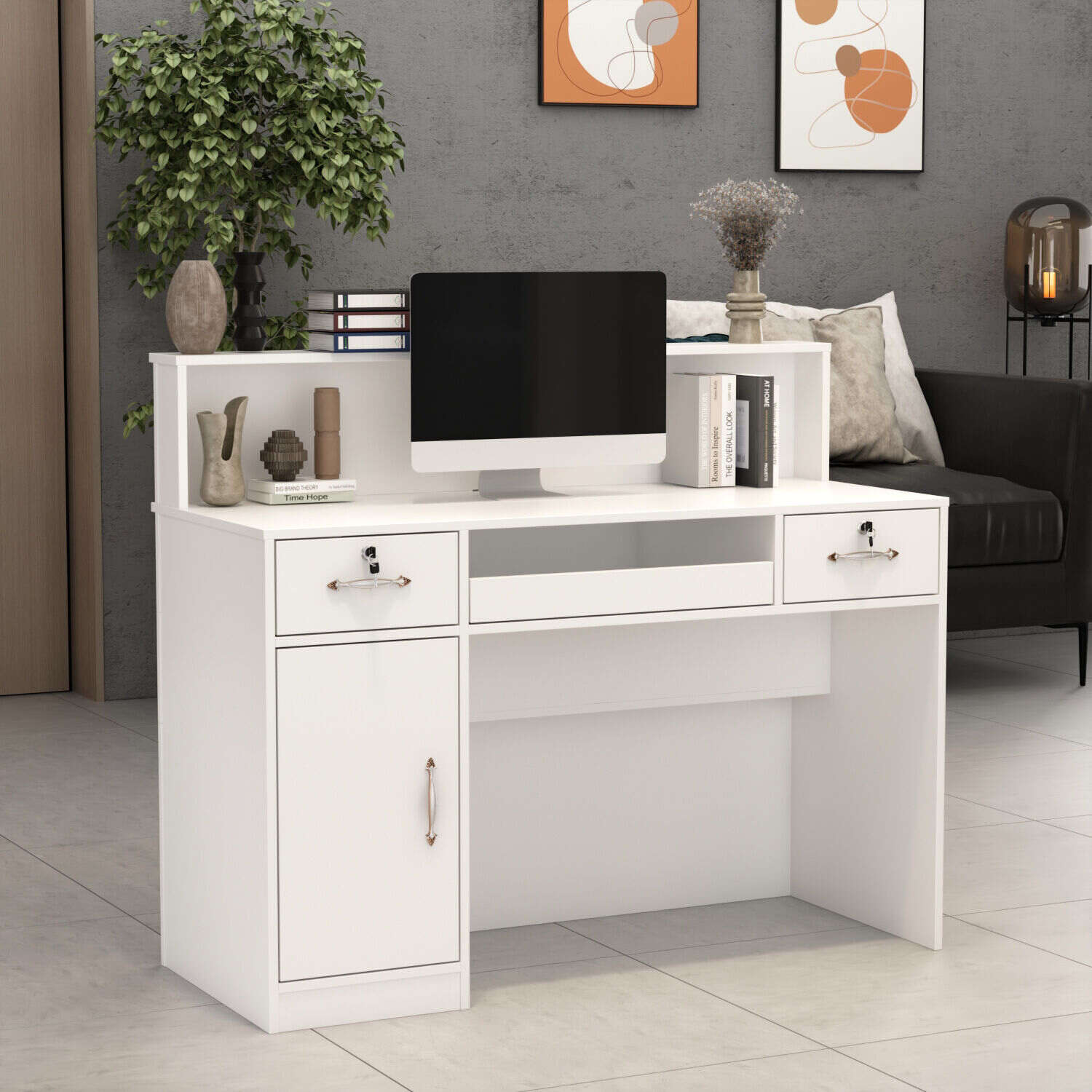 FUFU GAGA 47.2 W Wooden Computer 39.2 High Desk White Finish with 2 Drawer Keyboard Tray and Eco Friendly Paint Finish Mathis Home