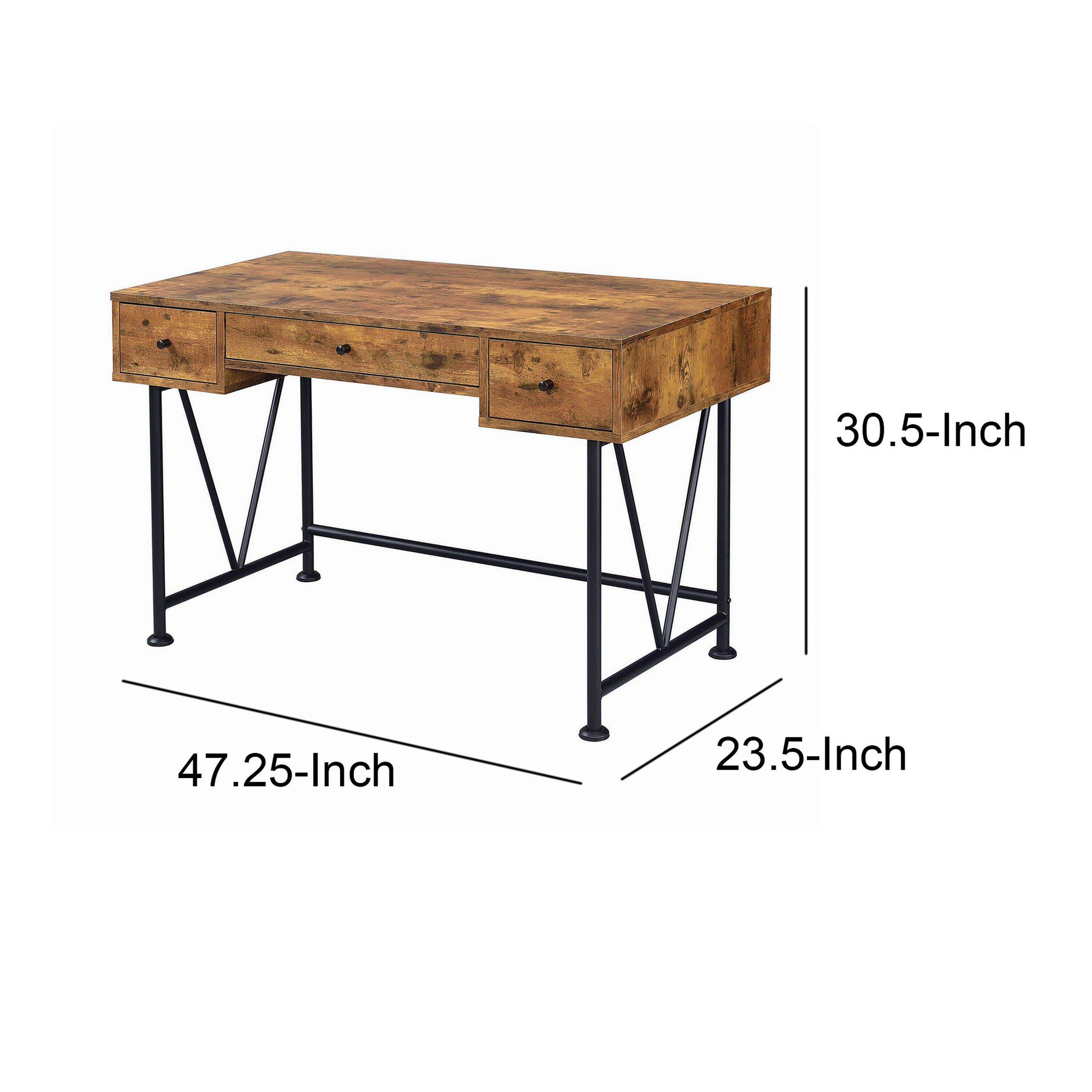 48 Inch Chic Wood Writing Desk 3 Drawer Rustic Metal Base Antique Brown Benzara