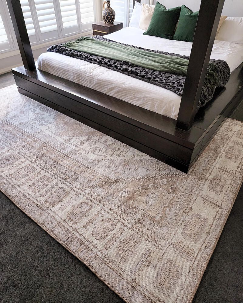 Miss Amara Tinka Beige and Grey Traditional Distressed Washable Rug in Cream | Mathis Home