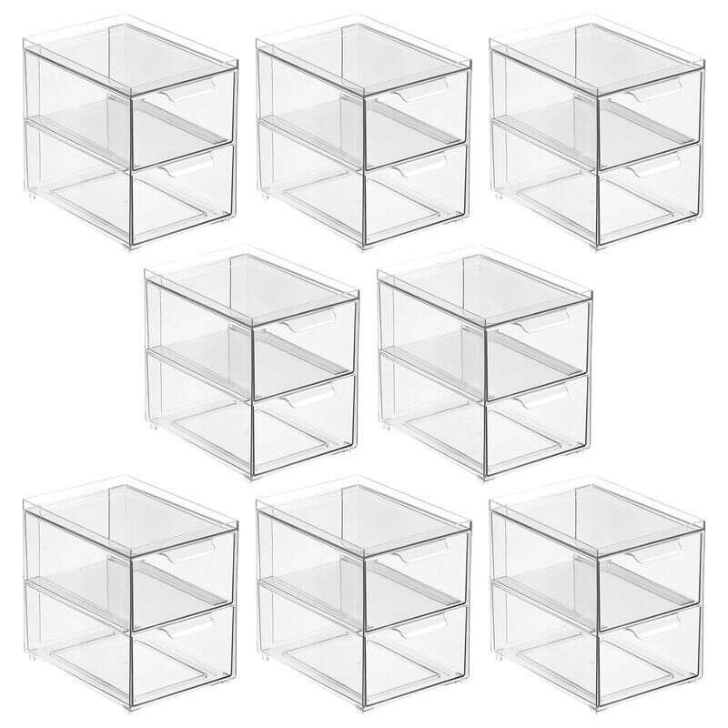 MDesign Stacking Plastic Storage Kitchen Bin with Pull-Out Drawer, 4 Pack,  Clear