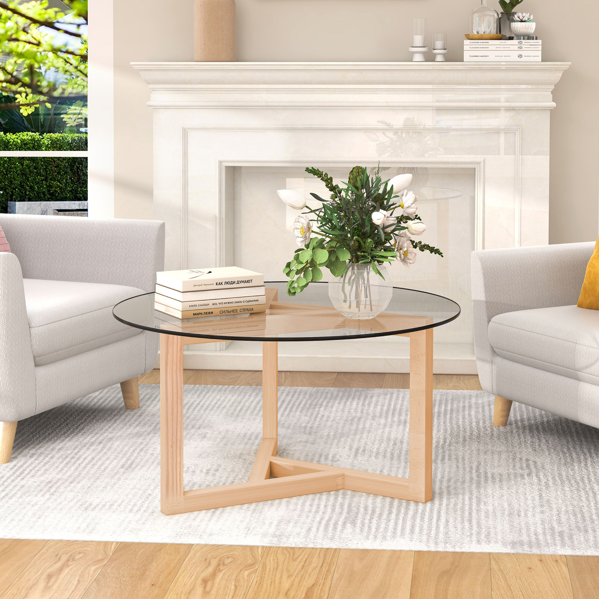 Round glass coffee table deals with wood base