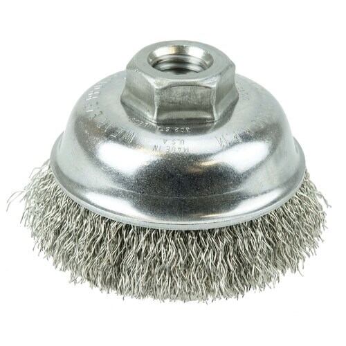 3-1/2 Crimped Wire Cup Brush, .014 Stainless Steel Fill, 5/8-11 UNC Nut  - 13188