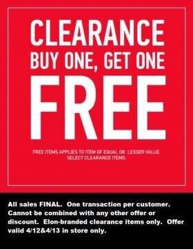 Buy One, Get One Free Clearance Sale – Rising Phoenix Weekend In-Store Only, Today at Elon